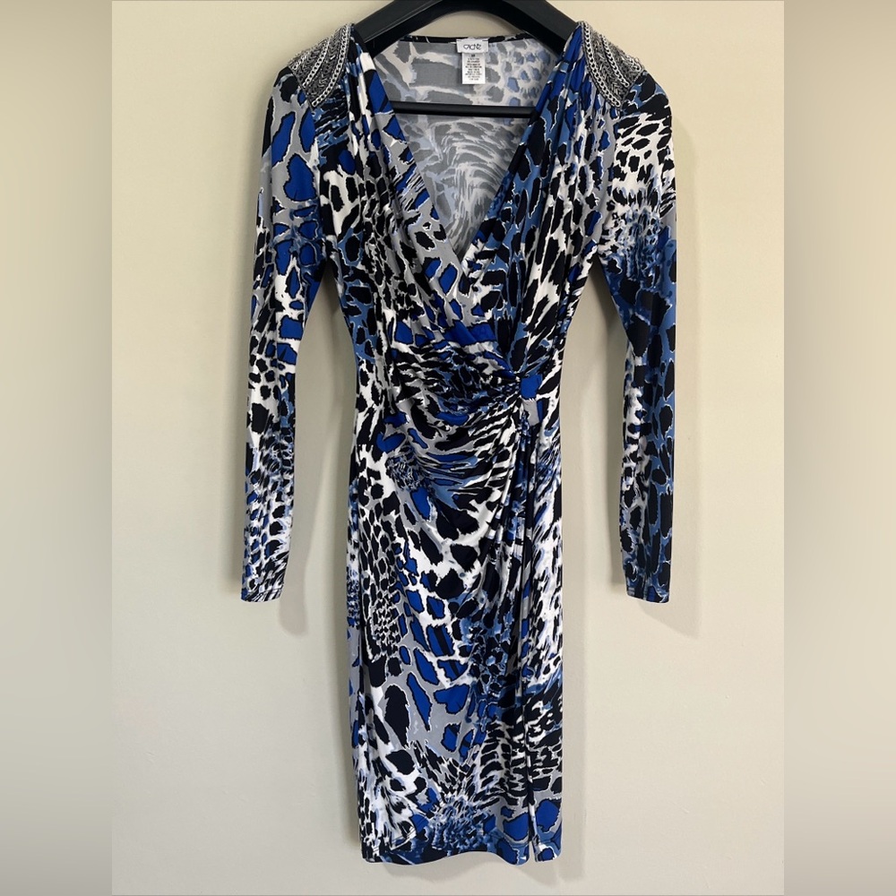 Cache Blue Black White Animal-Print Long Sleeve Faux-Wrap Dress
